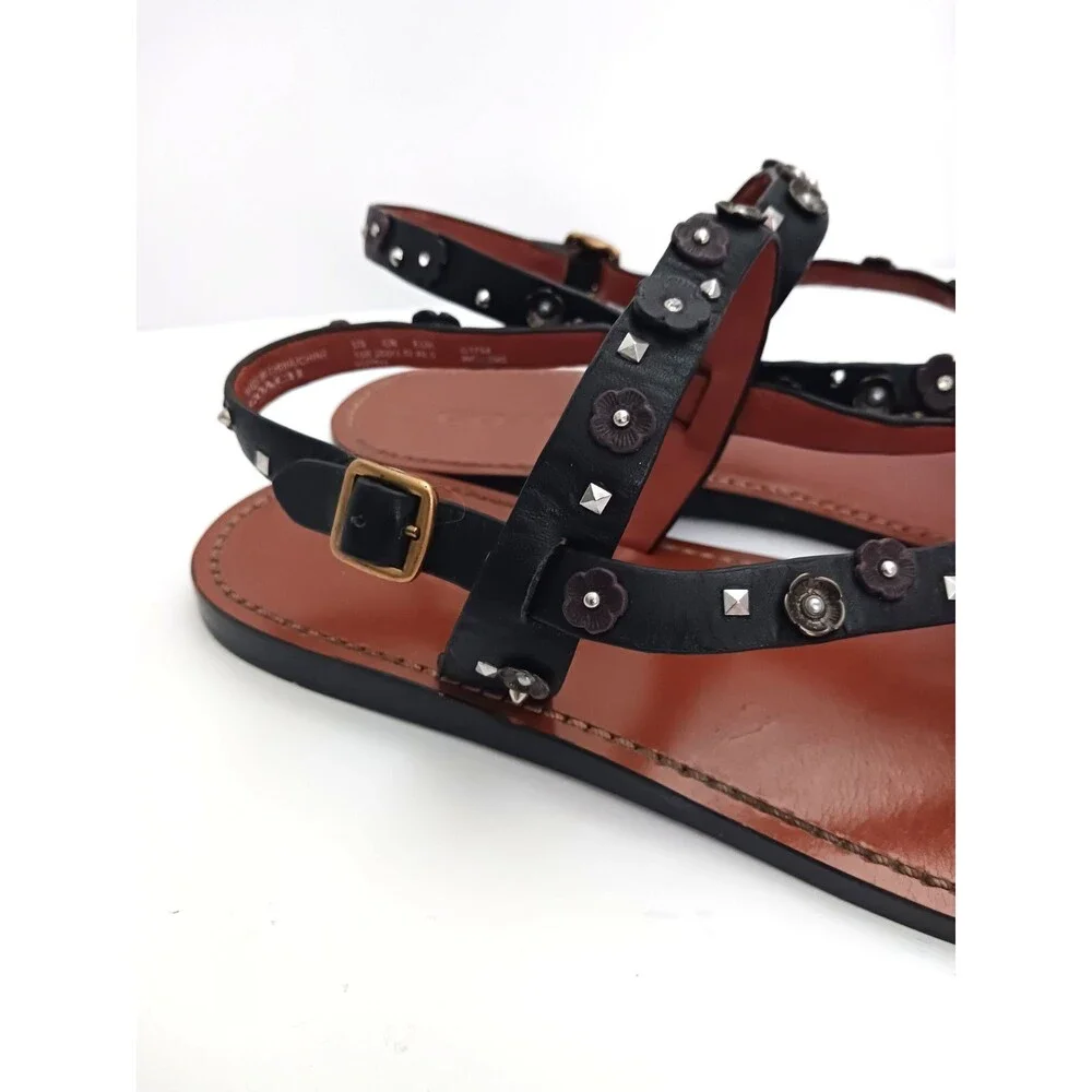 Coach Tea Rose Blk Leather Thong Sandals w Ankle Strap Floral Stud Trim US 10M